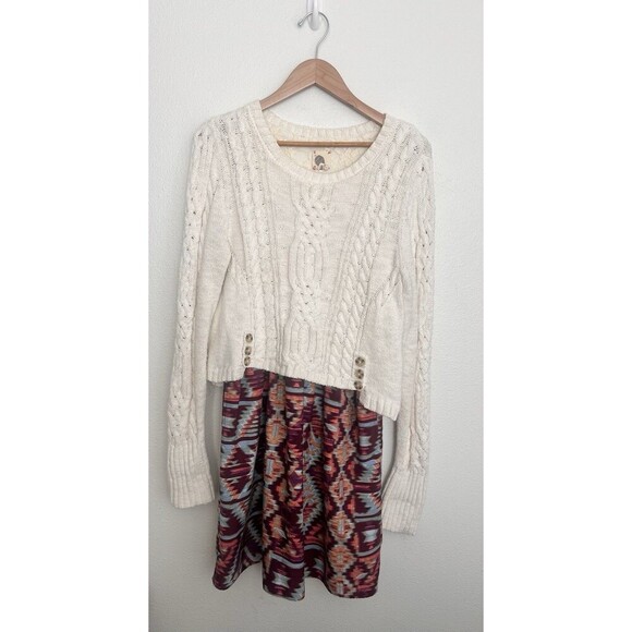Lilka Anthropologie Cream Thick Cable Knit Duxbury Sweater Dress M Aztec Layered - Picture 2 of 8